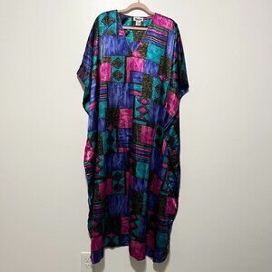 Winlar Womens Satin Kaftan OS Jewel Tone Patchwork Resortwear Vacation Island